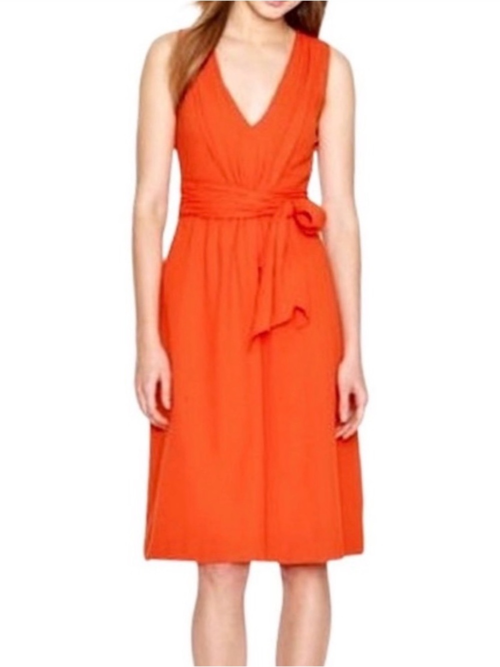 J. Crew Sleeveless V-Neck Wrap Midi Dress in Bright Orange